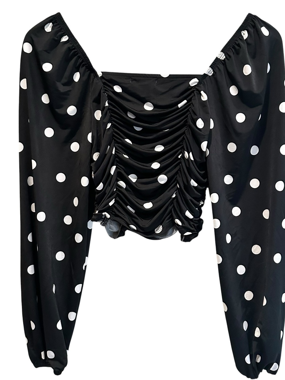 Abound Black And White Polka Dot Off-Shoulder Cropped Silky Blouse Size Small - Picture 4 of 6